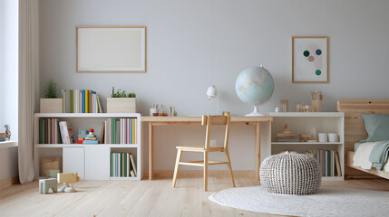 Modern children's bedroom, minimalistic Scandinavian design, cozy decor, pastel colors, wooden furniture, small desk with books and toys