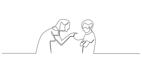 Continuous line illustration of a woman scolding a child with finger pointing. One line drawing symbolizing discipline, parenting conflict, family stress, and communication issues.