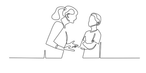 Continuous line illustration of a mother talking with her son, who stands with crossed arms. One line drawing symbolizing parenting, family communication, conflict, and emotional expression.