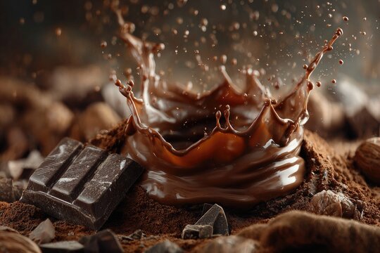Melted chocolate splash amidst cocoa powder and nuts