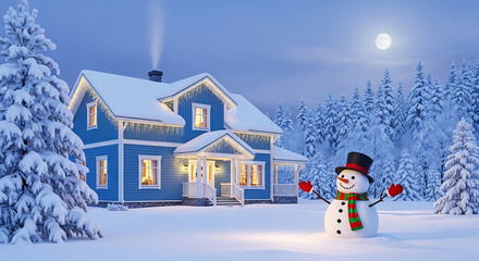 A cozy blue house adorned with christmas lights stands amidst a snowy landscape under a full moon, with a cheerful snowman in the foreground