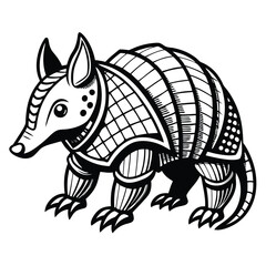 Monochromatic Armadillo Illustration Intricate Details and Stylized Design Black and White Animal Drawing Detailed Armor Plating and Distinctive Features