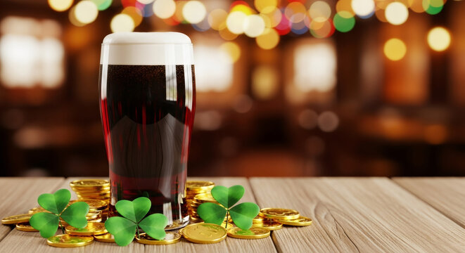 Glass of dark stout beer with green shamrock and gold coin. St. Patrick Day celebration drink. Irish festival concept.
