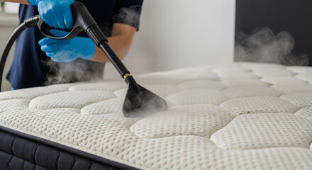 Man with blue glove cleaning mattress with steam cleaner. Professional bedding sanitation service. Deep cleaning concept.