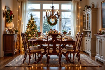 a dining room with elegant christmas lights wrapped around chairs and tables creating a warm inviting festive feeling for family meals and holiday celebrations.