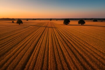 Obraz premium Panoramic aerial view of golden wheat fields at sunset with long shadows of scattered trees, endless crop rows stretching to the horizon under gradient sky from orange to deep blue.