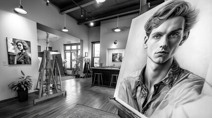 Nurturing guide helping high school artists sketch portraits in a studio filled with easels charcoal pencils and hanging sketchpads exhibited in a refined photo featuring sharp