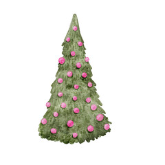 A festive watercolor illustration of a Christmas tree decorated with beautiful pink ornaments. Ideal for holiday designs, greeting cards, and posters