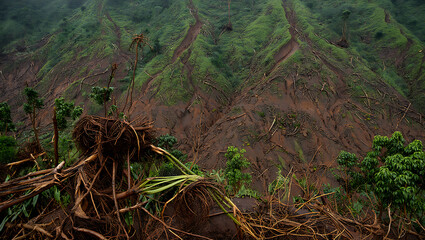 Obraz premium The Aftermath of Deforestation - A Landscape of Bare Hills and Exposed Tree Roots
