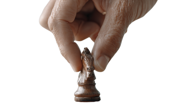 Close-up of hand placing bronze chess knight piece on board, symbolizing strategy and focus, isolated on a transparent background.