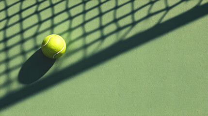 Top view of a tennis ball on a green tennis court, with the shadow of the net, soft lighting, and clean, minimalistic composition