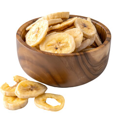 Crunchy Banana Chips in Wooden Serving Bowl on a transparent background