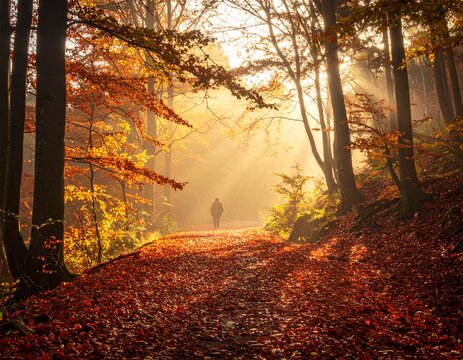 A lone hiker walks a path through an autumn forest, bathed in warm sunlight, with red and orange leaves covering the ground, in a scenic landscape photography.