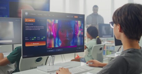 Primary School Boy Working on Computer, Creating Futuristic Picture in AI Image Generator. Diverse Kids Studying Artificial Intelligence During Digital Art Class. Innovative STEM Learning. Static Shot - Powered by Adobe