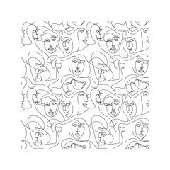 Seamless Pattern with Abstract Woman Faces. Modern Continuous One Line Art Drawing Background.
