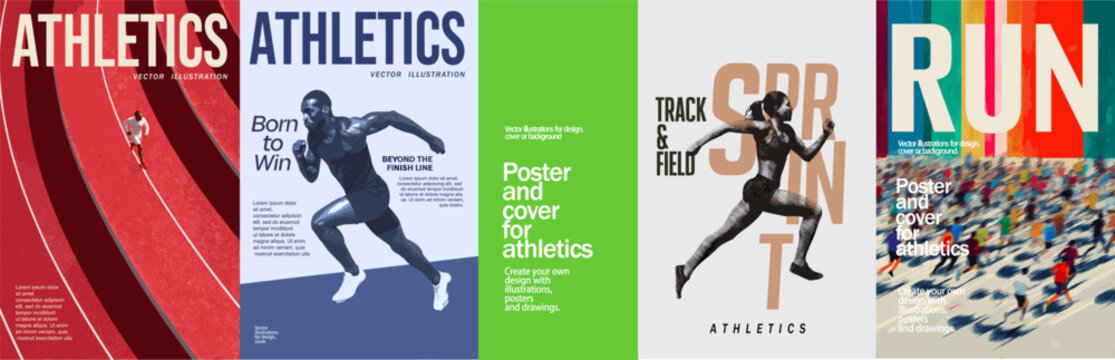 Dynamic vector posters for athletics and running. Modern sports design with runners, sprint tracks, and typography. Perfect for fitness, marathon, gym, and sports branding.
