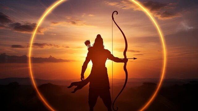 Silhouette of Lord Rama with Bow and Arrow at Sunset Dussehra  Vijayadashami  Navratri  Durga Puja Festive Image