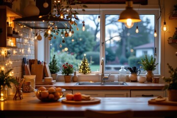 Fototapeta premium a kitchen with under cabinet warm christmas lights and small ornaments creating a cozy cheerful festive space for cooking and enjoying holiday moments.
