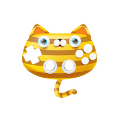 Cute cat gamepad cartoon character with kitty face isolated on white background vector illustration, animal game controller character with eyes and mouth, fun creative design for gamers, stickers