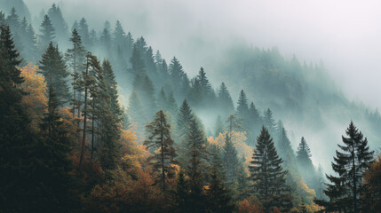 Misty autumn fir forest with foggy mountains and trees in vintage retro style landscape