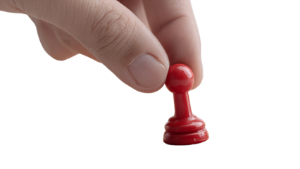 Close-up of hand holding a red pawn chess piece, symbolizing strategy, competition, and gameplay, isolated on a transparent background.
