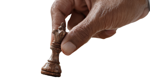 Close-up of hand poised to make a move in chess, holding a wooden king piece, symbolizing leadership and strategy, isolated on a transparent background.
