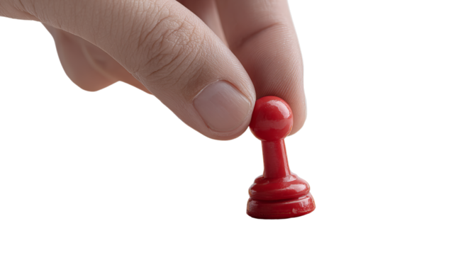 Close-up of hand holding a red pawn chess piece, symbolizing strategy, competition, and gameplay, isolated on a transparent background.