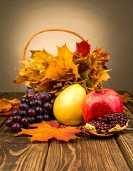 Autumn harvest still life with fruits and leaves in a basket