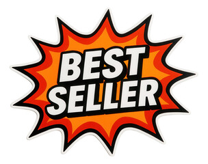 Fototapeta premium Vibrant burst sticker featuring BEST SELLER in bold typography, attention-grabbing retail promotion offer on transparent background.