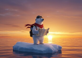 Polar bear on melting iceberg with map at sunset
