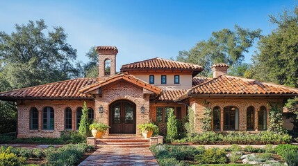Obraz premium Mediterranean-Style Brick House with Lush Landscaping