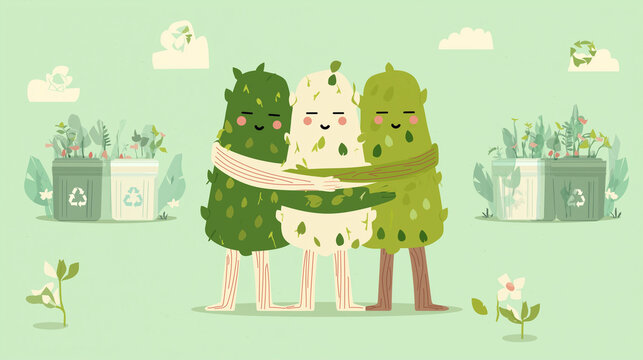 Environmental Illustration: Three Anthropomorphic Tree Characters Hugging Each Other, Smiling Saplings Surrounding, Recycling Bins in Background, Pastel Green Palette, Levity & Laughter Style, Environ
