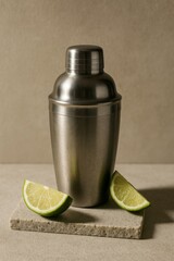 A stainless steel cocktail shaker stands beside two lime wedges, suggesting the art of mixology and refreshment. The image is lit to show its elegant shape and textured background.