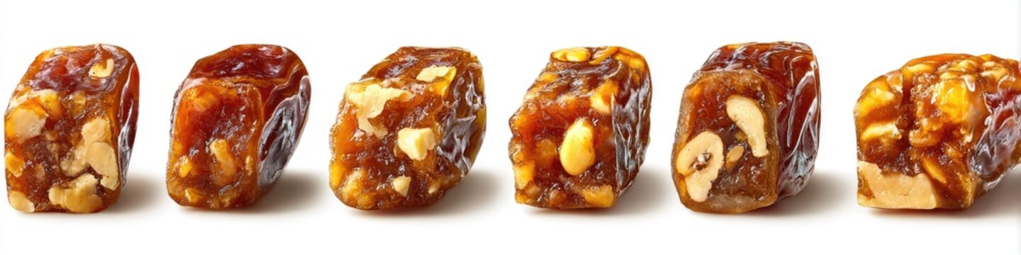 Sweet, golden-brown, square candies, likely dates and nuts