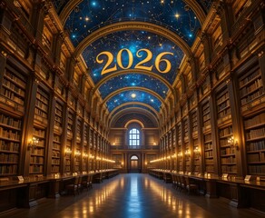 Fototapeta premium Grand golden library hall with endless bookshelves, glowing ceiling mural forming 2026 in constellations, soft candlelight reflections, cinematic timeless elegance, ultra detailed.