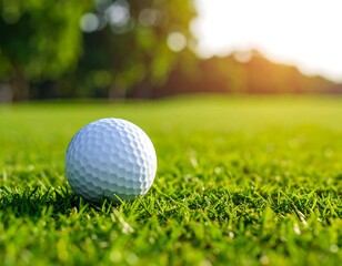 Obraz premium Golf ball on a lush green fairway at sunrise
