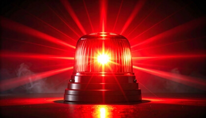 Vibrant red emergency beacon blazing on dark backdrop. Powerful glow. Urgency and high alert