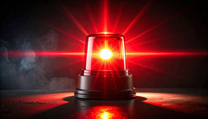 Vibrant red emergency beacon blazing on dark backdrop. Powerful glow. Urgency and high alert