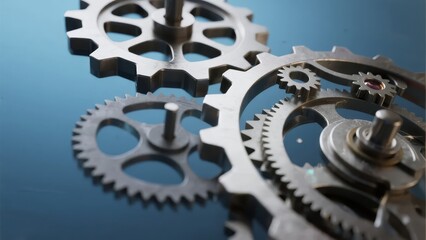 Interlocking Metal Gears on a Reflective Surface
