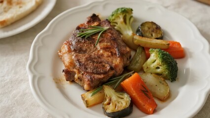 Grilled Chicken Thigh with Roasted Vegetables on a White Plate