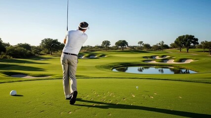 Man teeing off on a sunny golf course with a sequence of golf swing motions displayed,