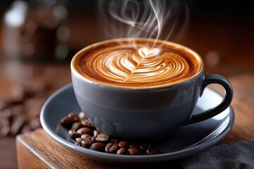 Steaming Hot Latte Art in Gray Cup with Coffee Beans