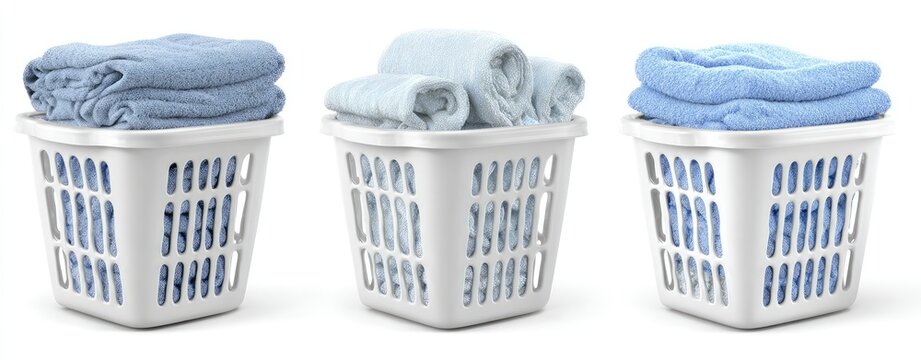 Three white plastic laundry hampers filled with light blue textiles