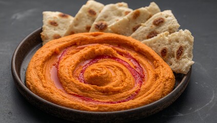 Plate of carrot hummus with a red swirl and pita bread