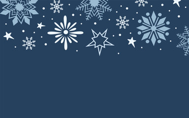 Fototapeta premium A festive winter background with a variety of blue and white snowflakes and stars along the top on a dark blue backdrop. Perfect for Christmas, New Year, and other designs