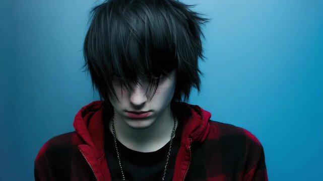 Young Caucasian male with dark hair, wearing red flannel shirt, looking down against blue background