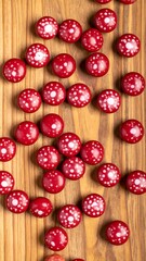 Round red candies with white patterns on a wooden surface