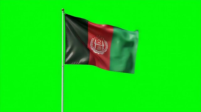 Dynamic video shows Afghanistan flag waving proudly against vibrant green screen backdrop for easy compositing or visual effects work