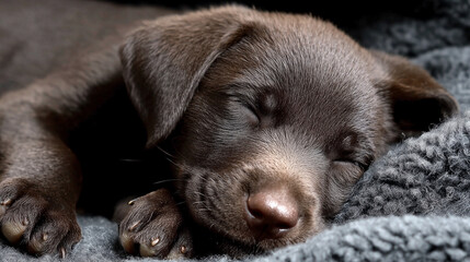 A brown dog is sleeping on a blanket
