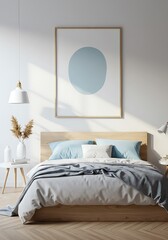 朝の光と穏やかな寝室 淡いブルーの円